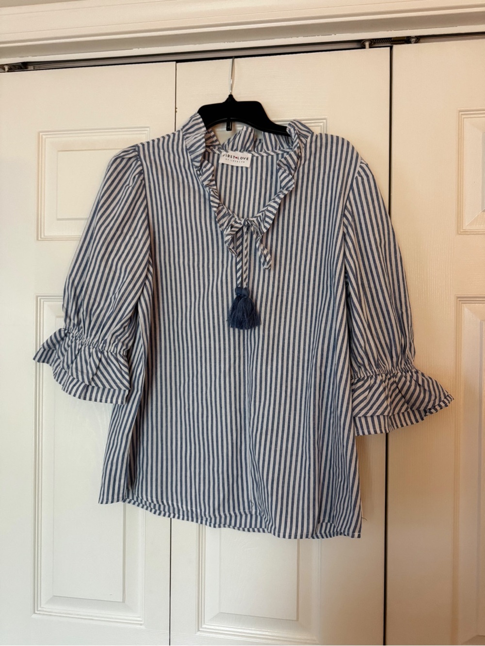 First Love Blue and White Striped Ruffle Tassel Blouse